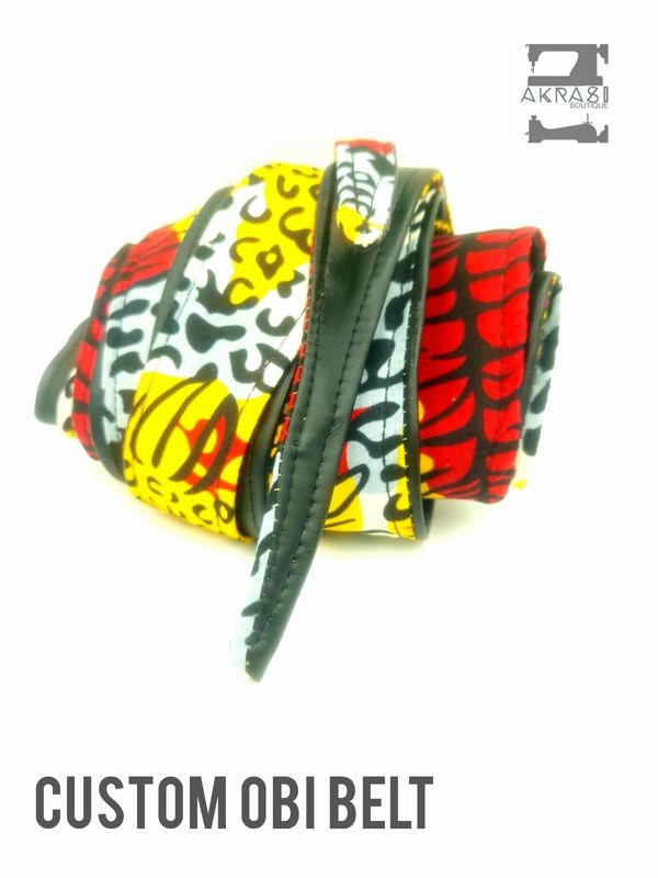 Custom handmade ankara and vegan leather reversible obi belt and pocket square set for Nichola