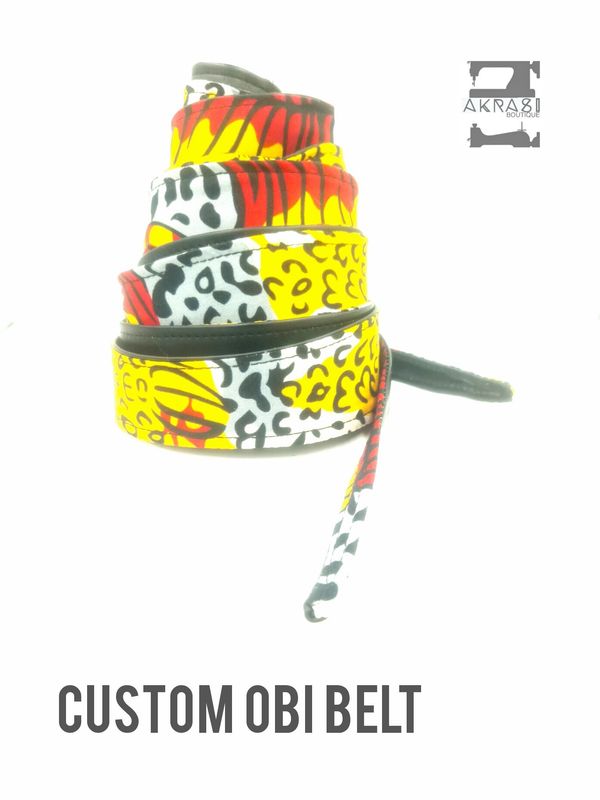 Custom handmade ankara and vegan leather reversible obi belt and pocket square set for Nichola
