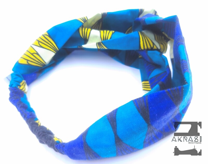 Blue, yellow and white geometric print half turban headband | African wax print headwrap | African twisted headband