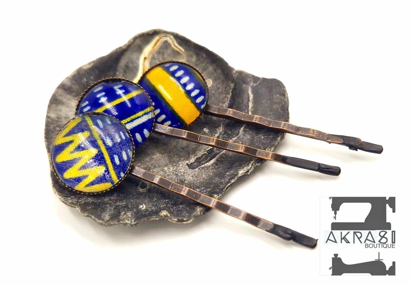 Blue and gold Kente hair pin set in copper | African Bobby pin | Ankara hair slide