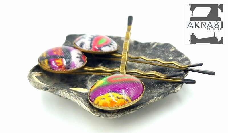 Purple and orange dashiki hair pin set | African bronze bobby pin | Floral hair slide