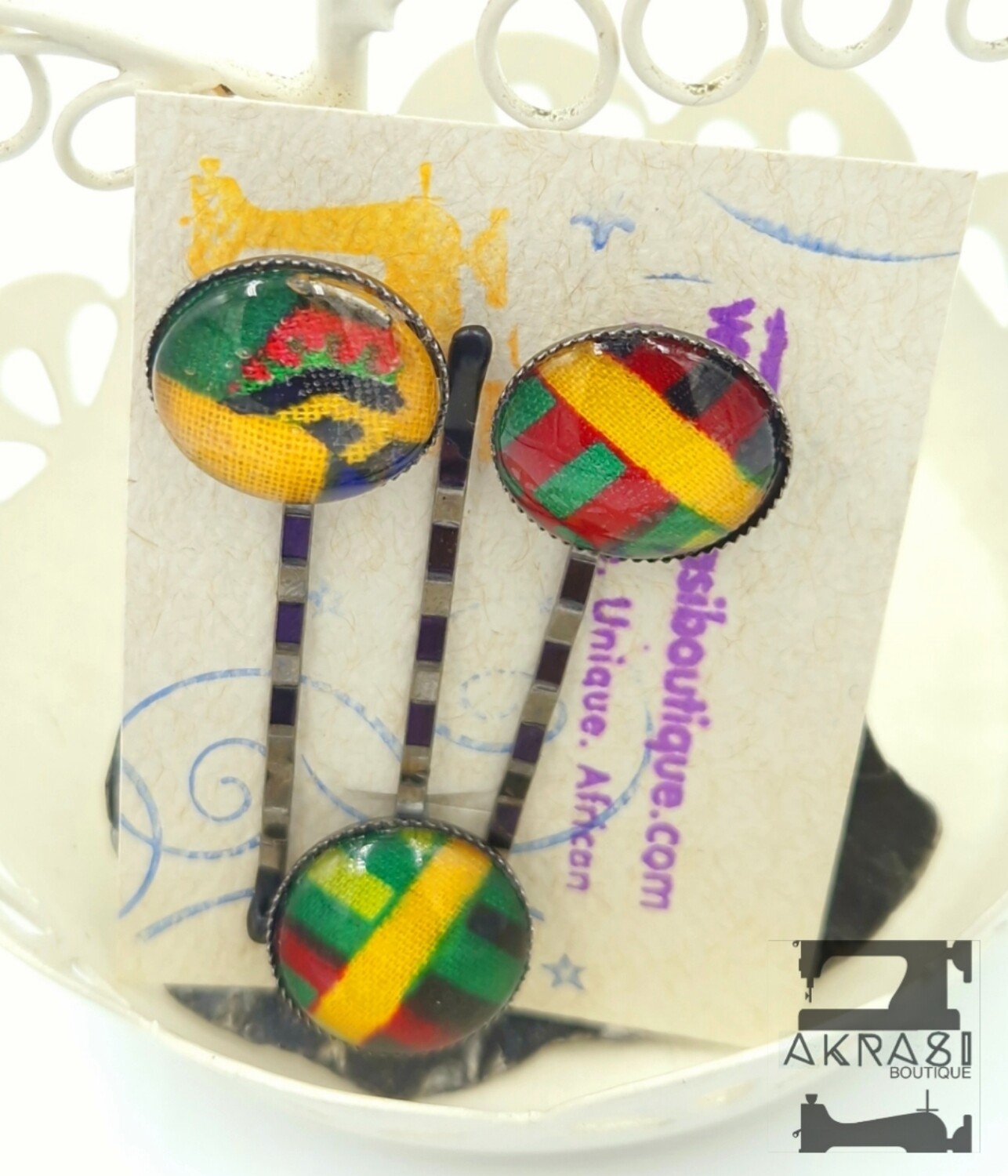 Kente hair pin set in bronze | African Bobby pin | Ankara hair slide