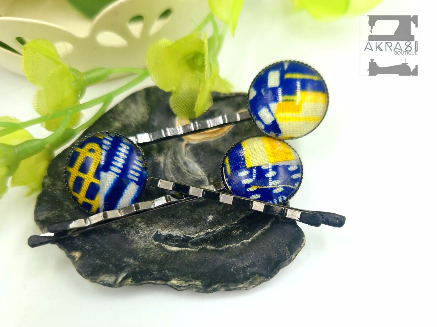 Blue and gold Kente hair pin set in silver | African Bobby pin | Ankara hair slide