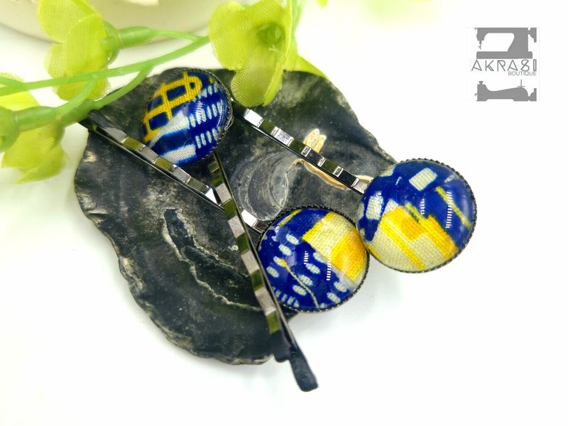 Blue and gold Kente hair pin set in silver | African Bobby pin | Ankara hair slide