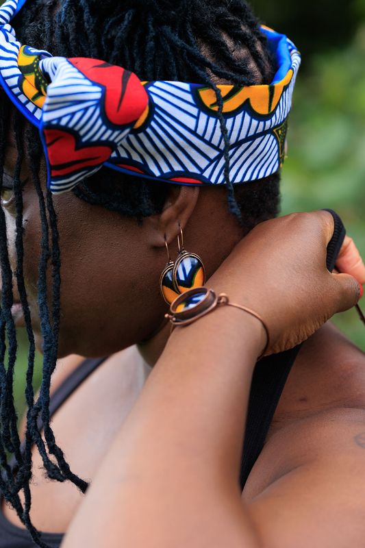 Floral ankara collection accessory set includes wire twist hair tie, copper bracelet and matching copper drop earrings
