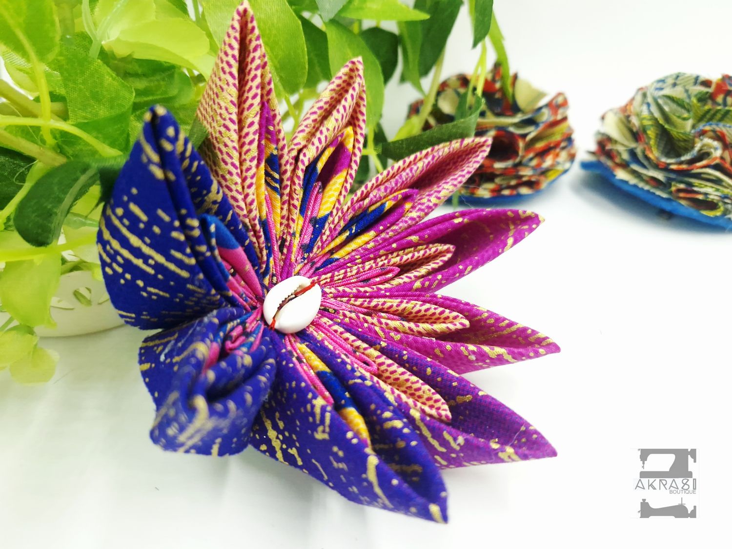 Star flower in kente with cowrie centre | kanzashi flower hair clip | flower brooch | clothing accessories Star flower in kente with cowrie centre | kanzashi flower hair clip | flower brooch | clothing accessories