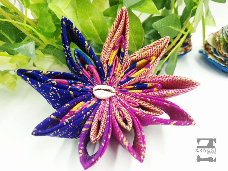 Star flower in kente with cowrie centre | kanzashi flower hair clip | flower brooch | clothing accessories