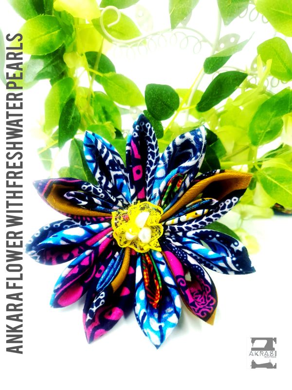 Star flower in kente and gold with cowrie centre | kanzashi flower hair clip | flower brooch | clothing accessories