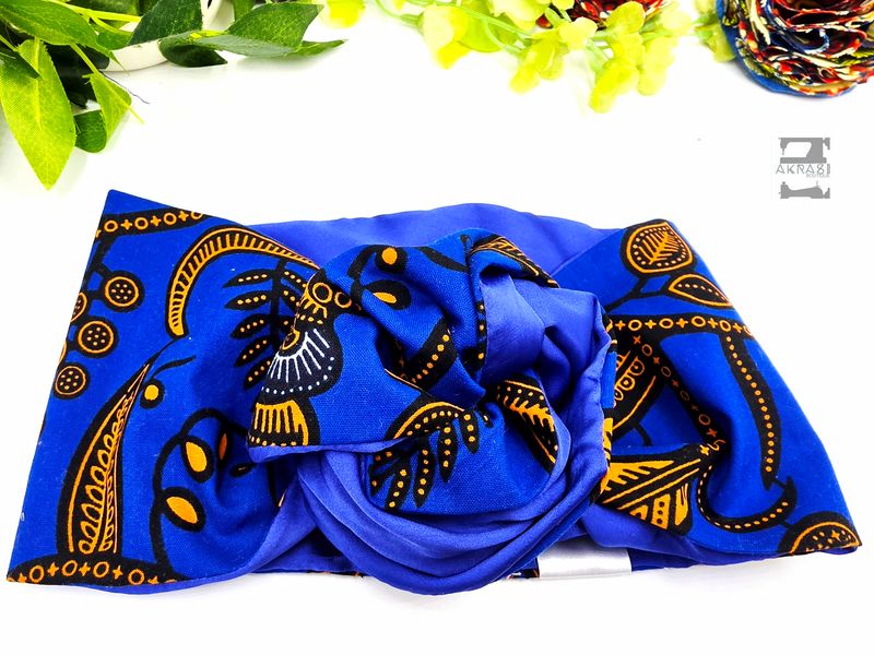 African wax print blue and orange wire twist hair wrap | African print wire hair tie | Ankara print headtie | headwrap