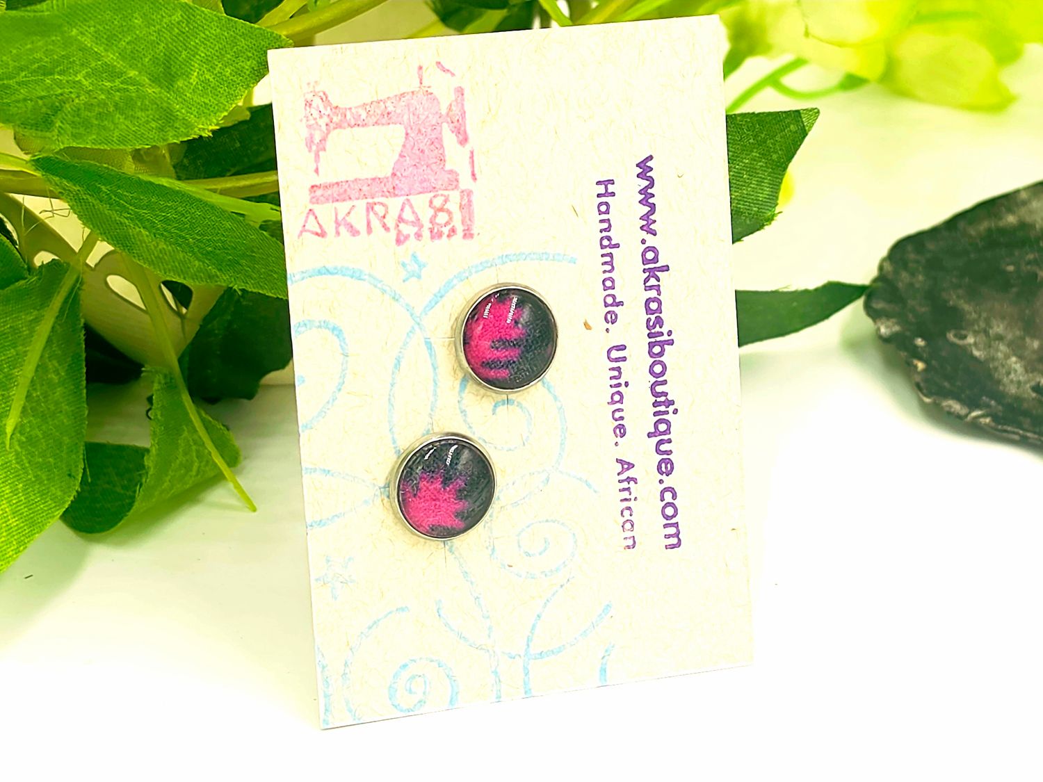 Round blue and pink ntoma silver stud earrings sealed in glass