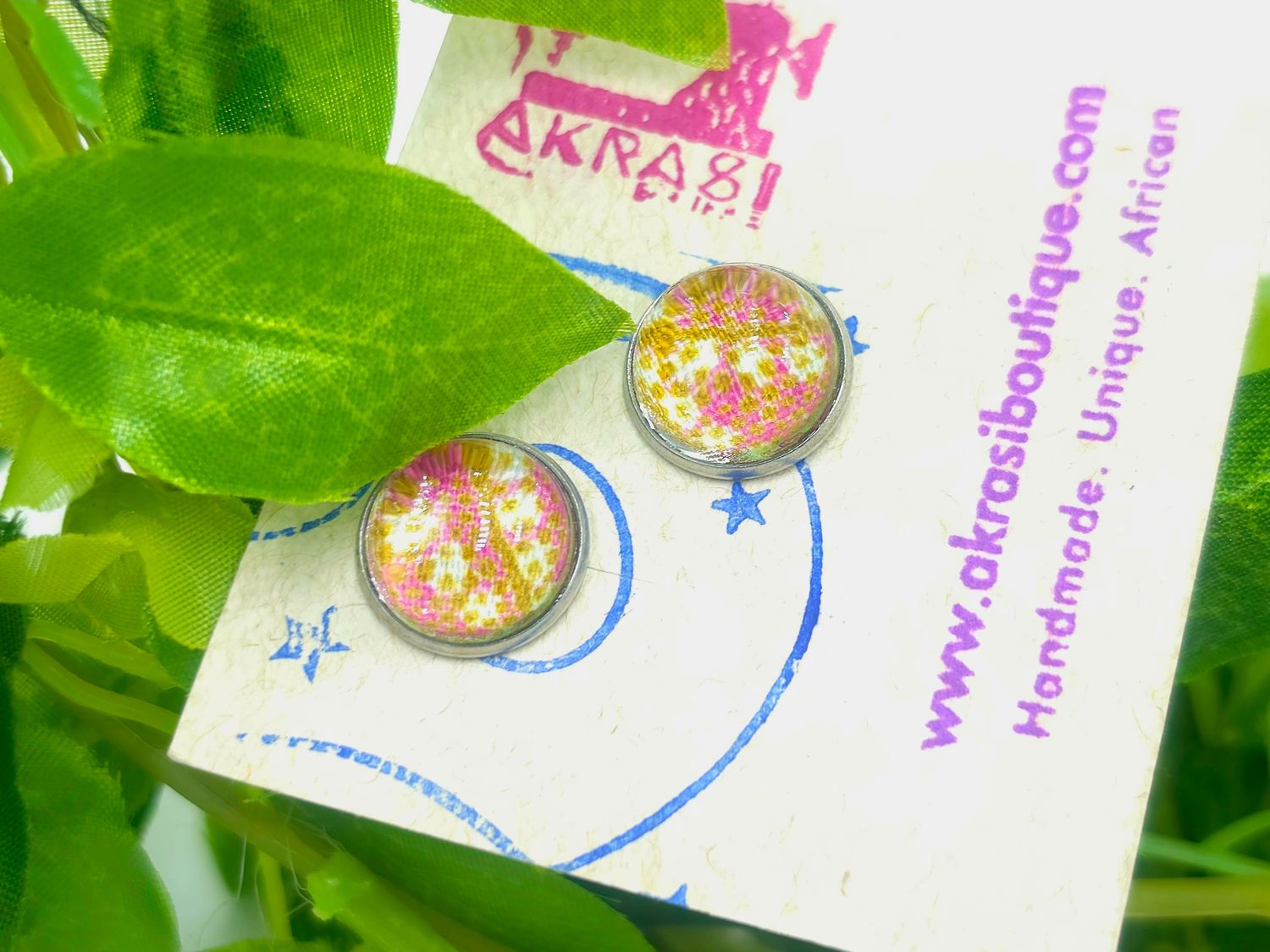 Glass dome green ankara silver stud earrings Glass dome green ankara silver stud earrings