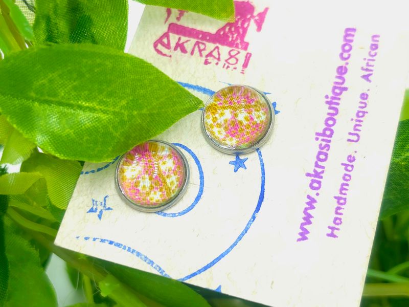 Glass dome green ankara silver stud earrings