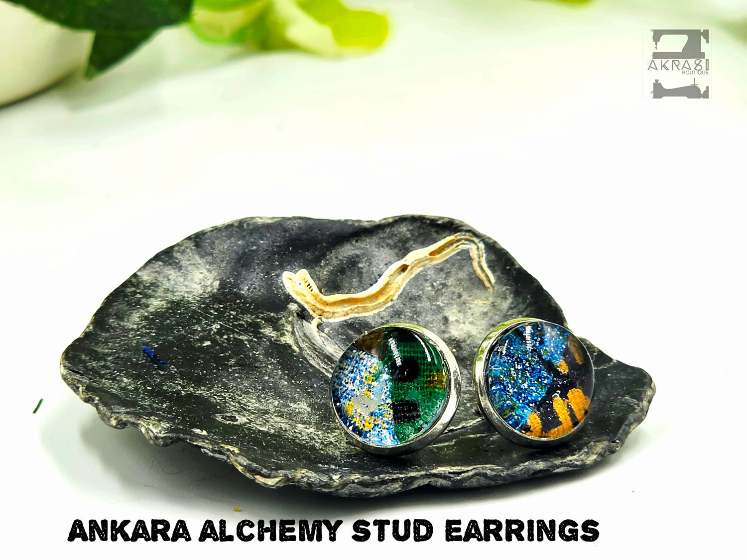 Round blue and yellow ntoma silver stud earrings sealed in glass Round blue and yellow ntoma silver stud earrings sealed in glass