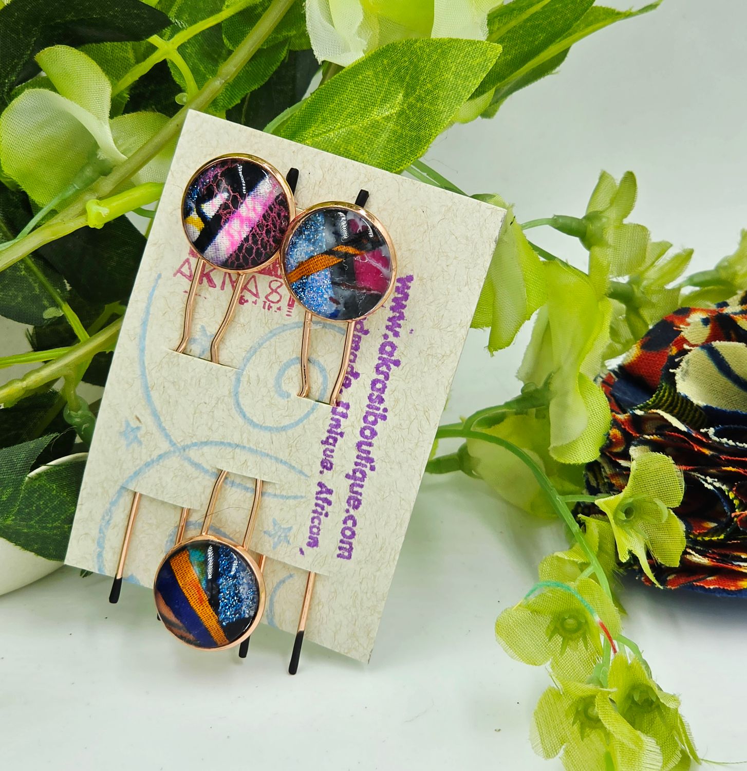 Kente hair pin set in bronze | African Bobby pin | Kente hair slide