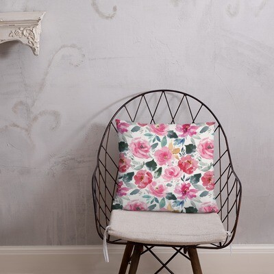 Pink Flowers on White Throw Pillow