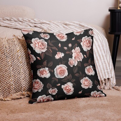 Pink Flowers on Black Throw Pillow