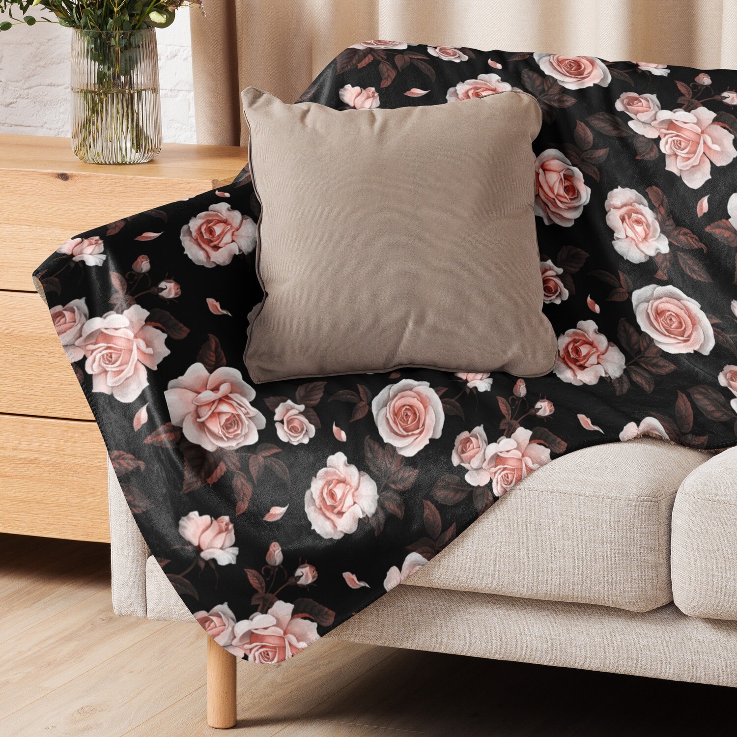 Pink Flowers on Black Sherpa Blanket