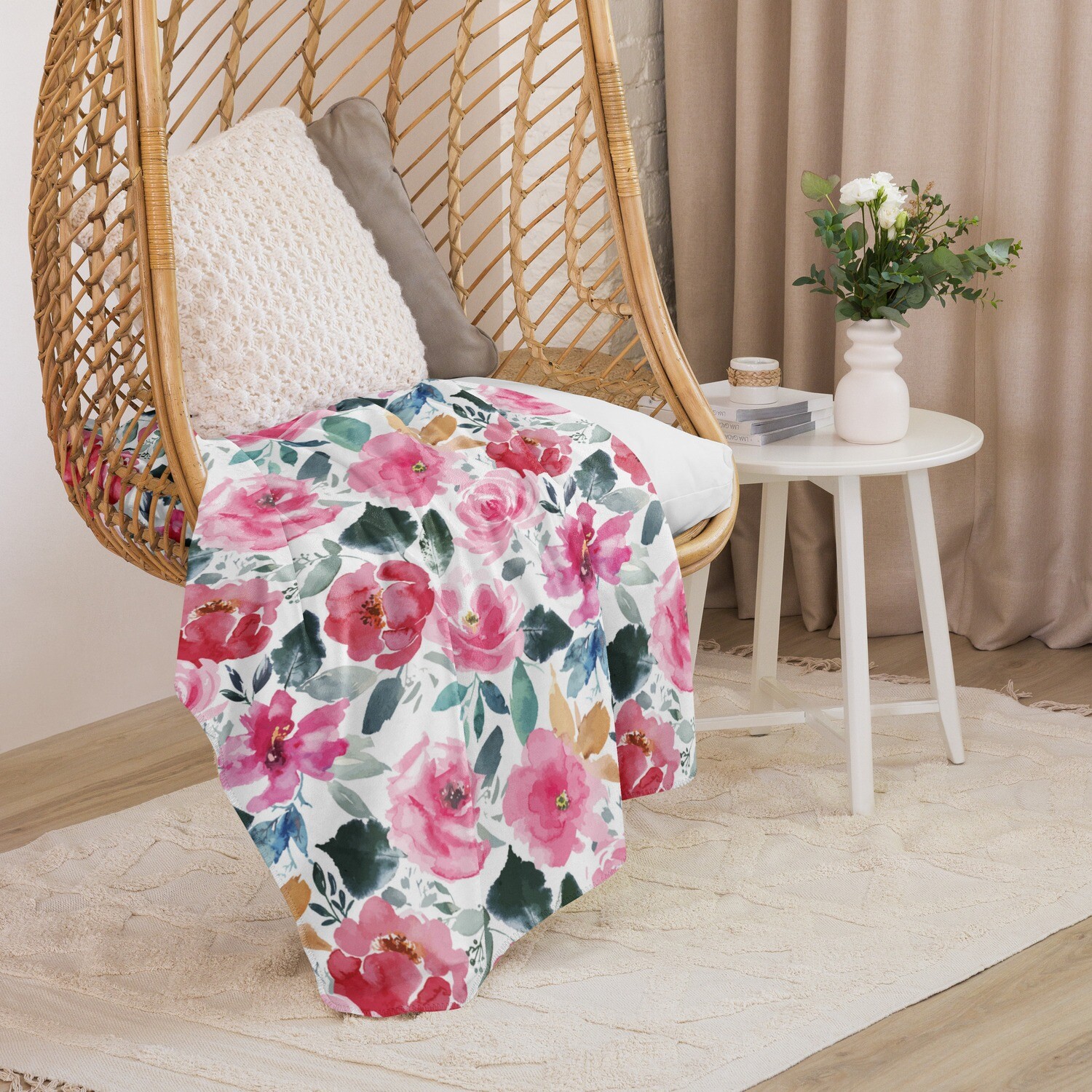 Pink Flowers on White Sherpa blanket