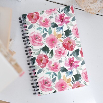 Pink Flowers on White Spiral Notebook