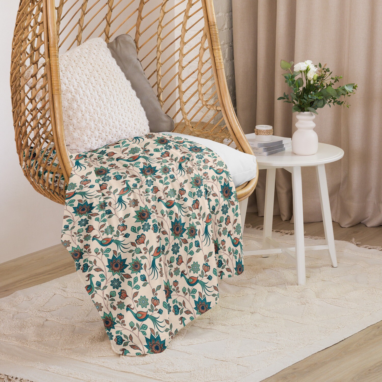 Light Floral Bird Sherpa Blanket