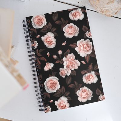 Pink Flowers on Black Spiral Notebook