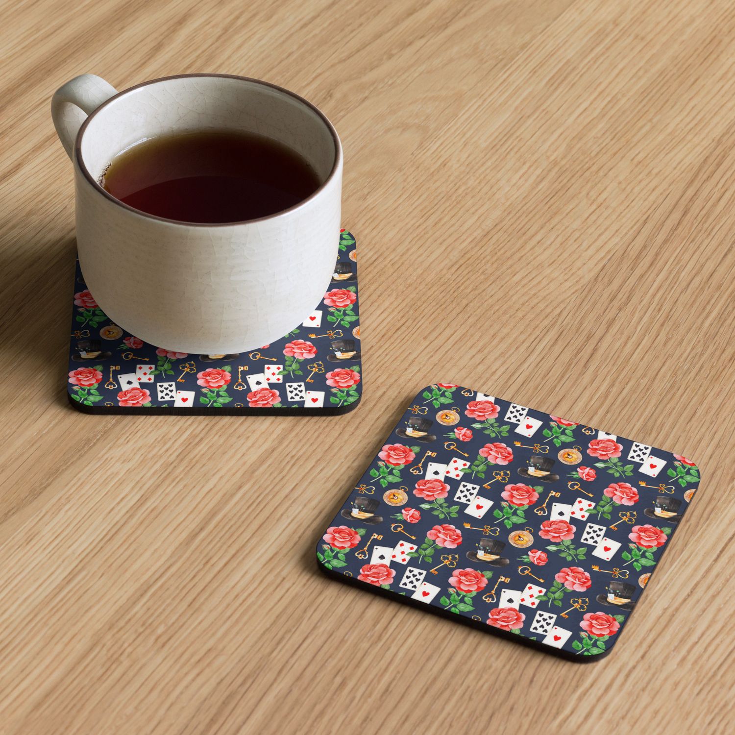 Dark Hatter Florals - Alice&#39;s Adventures in Wonderland Patterned Cork-back coaster