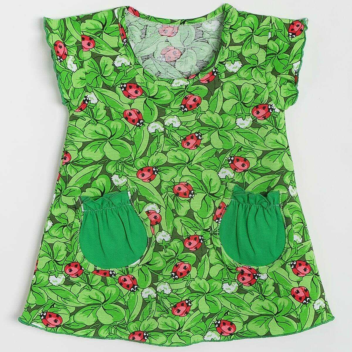 Платье ВЕРОНИКА, тонкий трикотаж, зелёное, божьи коровки