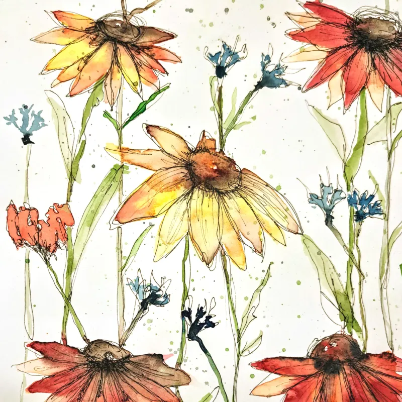 Levendige bloemen in aquarel en inkt Levendige bloemen in aquarel en inkt