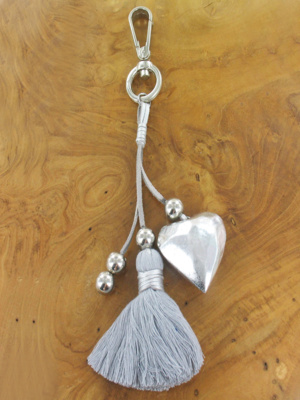 Silver Wooden Heart Bag Charm/Keyclip