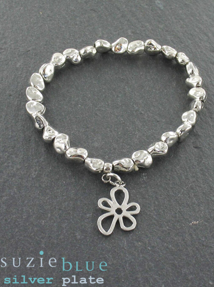 Silver Plated Elasticated Nugget Bracelet with Flower Charm