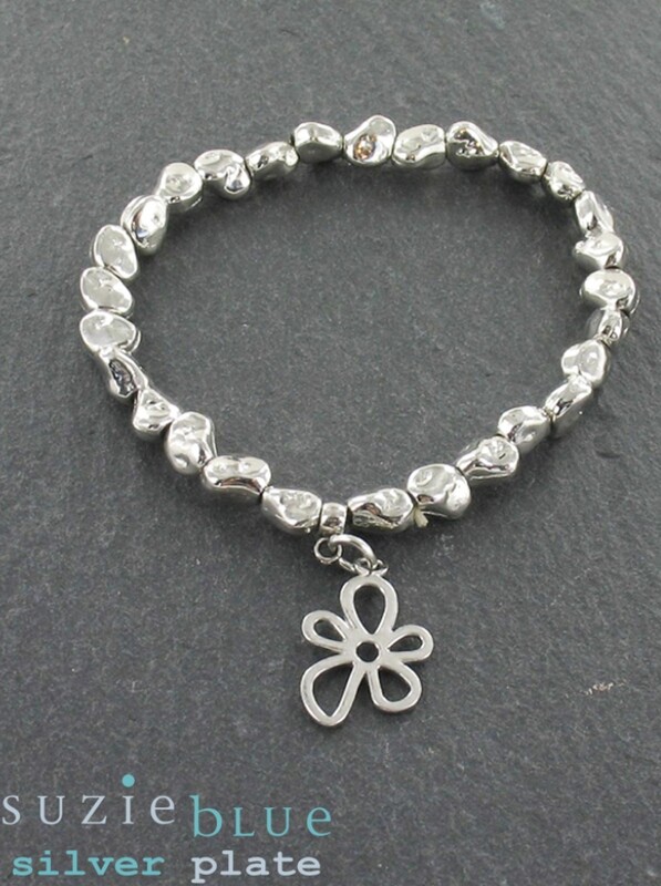 Silver Plated Elasticated Nugget Bracelet with Flower Charm