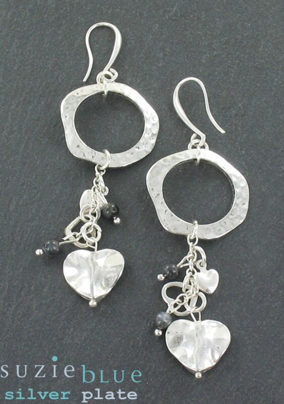 Silver Plated Beaten Ring Earrings with Heart Charms