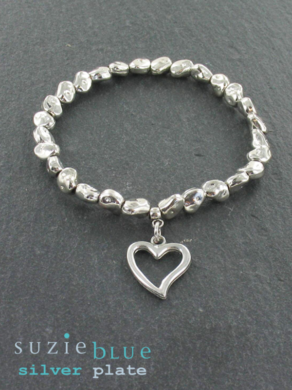 Silver Plated Elasticated Nugget Bracelet with Heart Charm