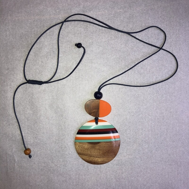 Resin and Wood Disc Pendant Necklace - Long