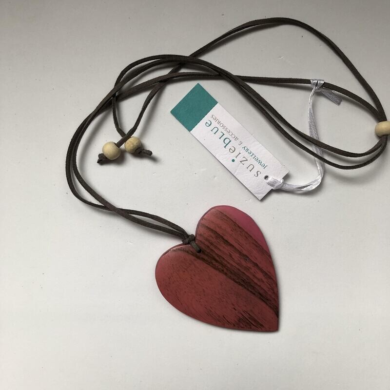 Adjustable Suede Necklace with Pink Wooden Heart Pendant