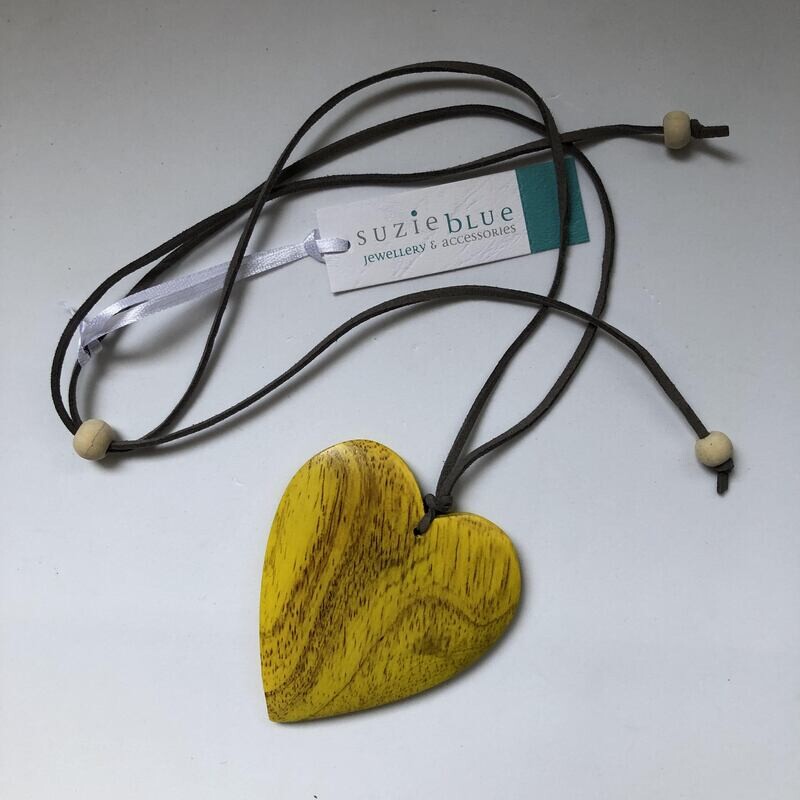 Adjustable Suede Necklace with Yellow Wooden Heart Pendant