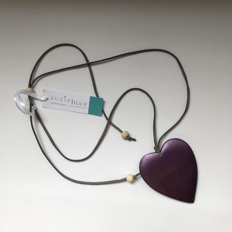 Adjustable Suede Necklace with Purple Wooden Heart Pendant