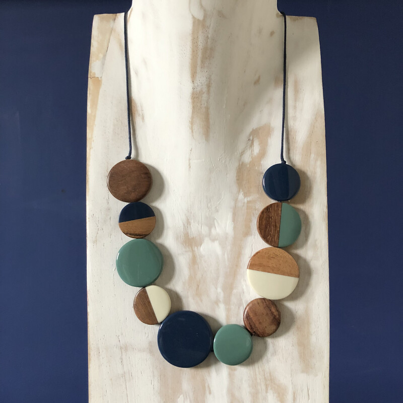 Resin and Wood Blue Disc Necklace