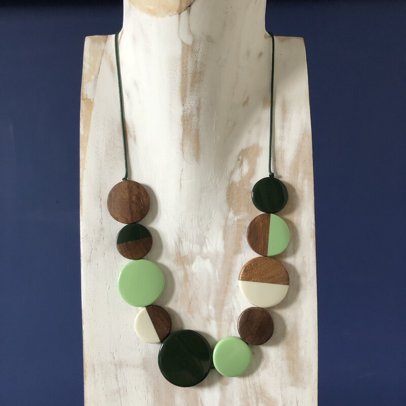 Resin and Wood Green Disc Necklace