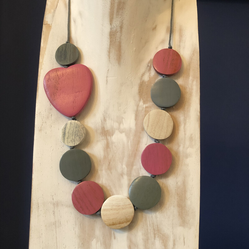 Wooden Disc and Pink Heart Necklace