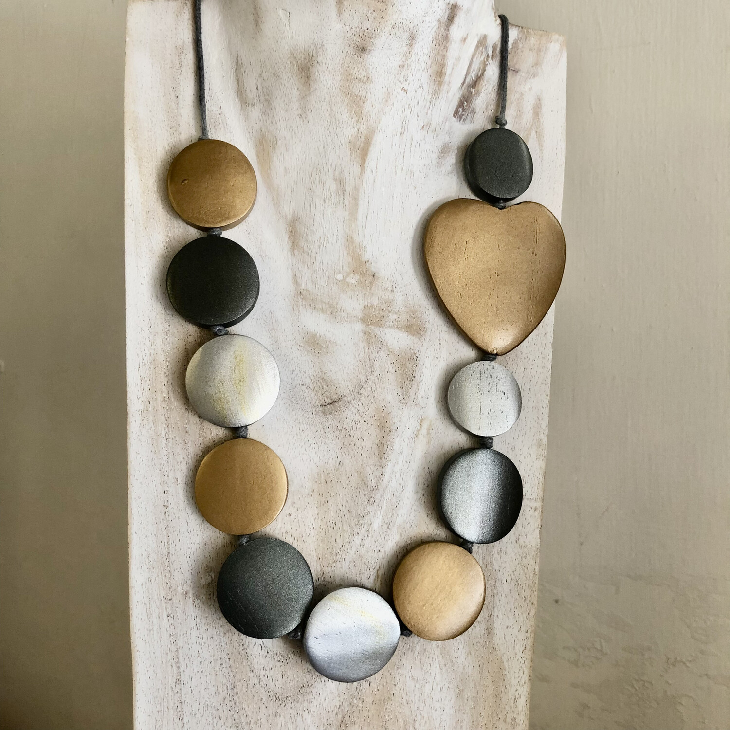 Wooden Disc and Gold Heart Necklace