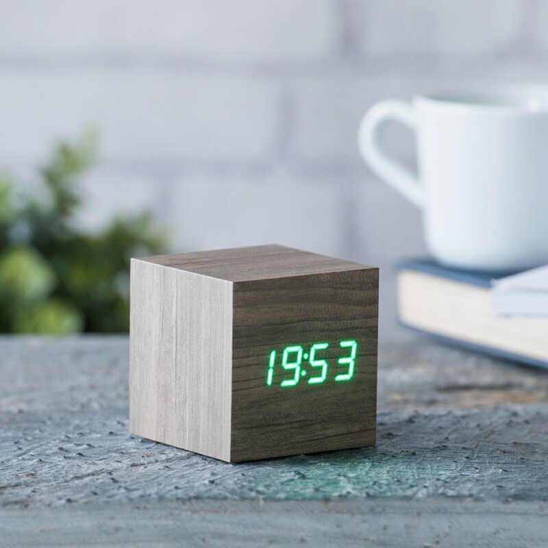 Cube Click Clock - Ash and Green LED