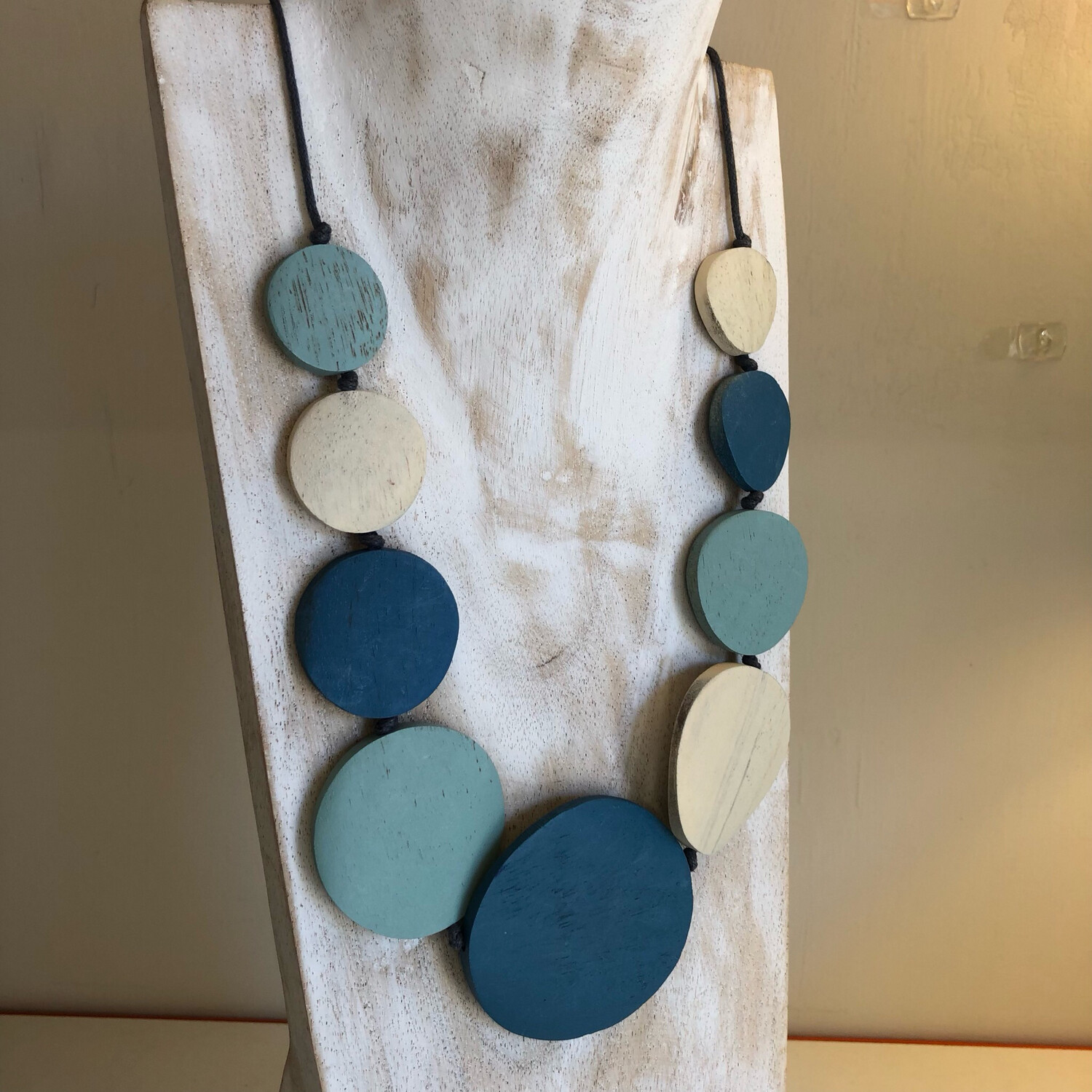 Graduated Wooden Teal Disc Necklace