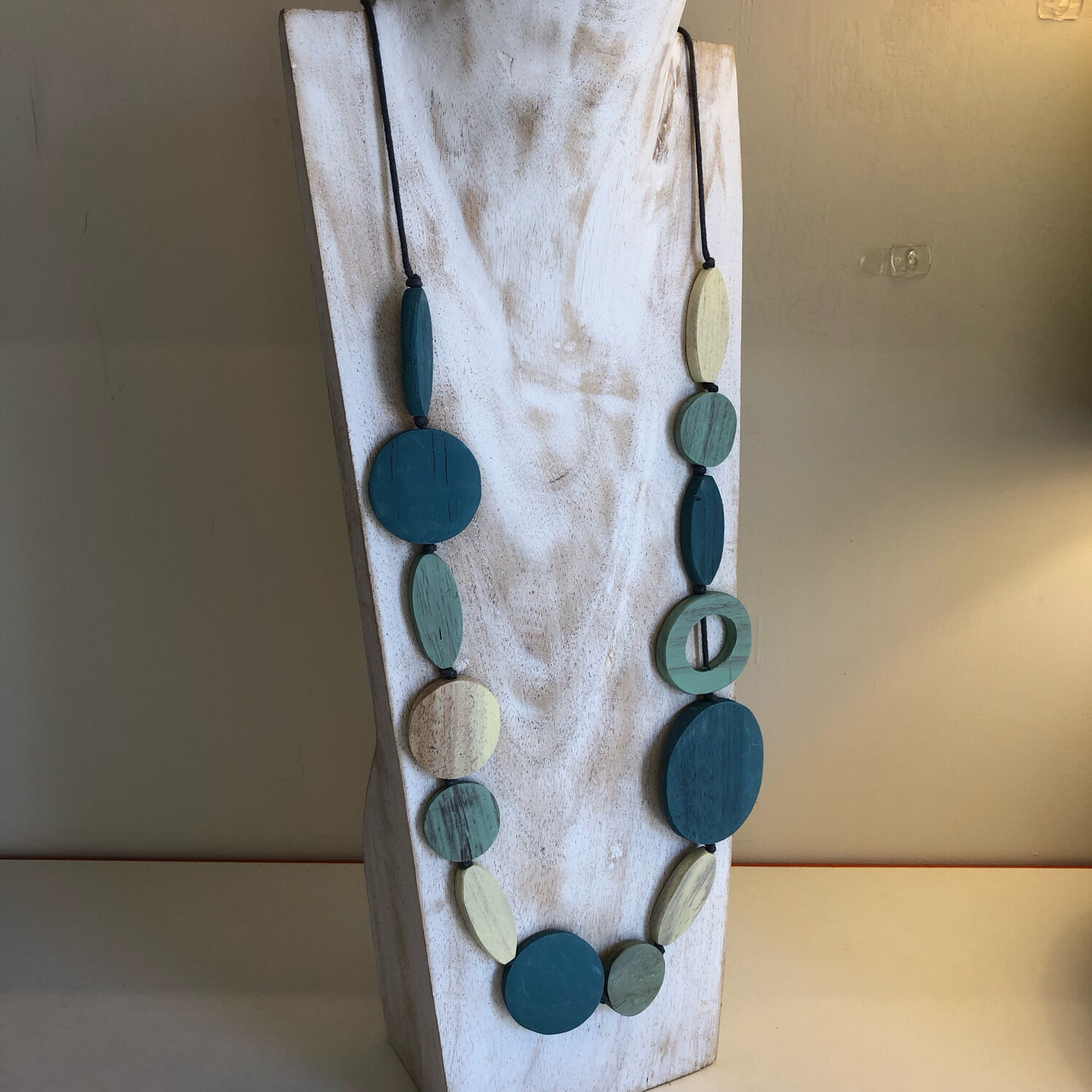 Long Teal Mixed Shape Wooden Necklace