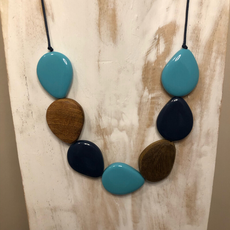 Wood and Blue Resin Teardrop Necklace