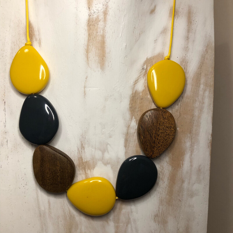 Yellow Resin and Wood Teardrop Necklace