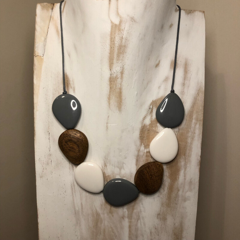 Grey Resin and Wood Teardrop Necklace
