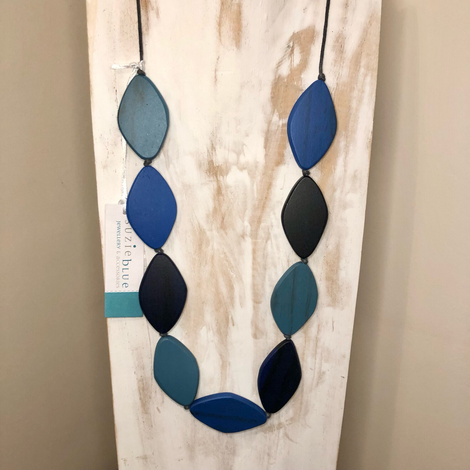 Long Blue Wooden Leaf Necklace