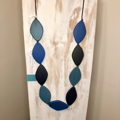 Long Blue Wooden Leaf Necklace