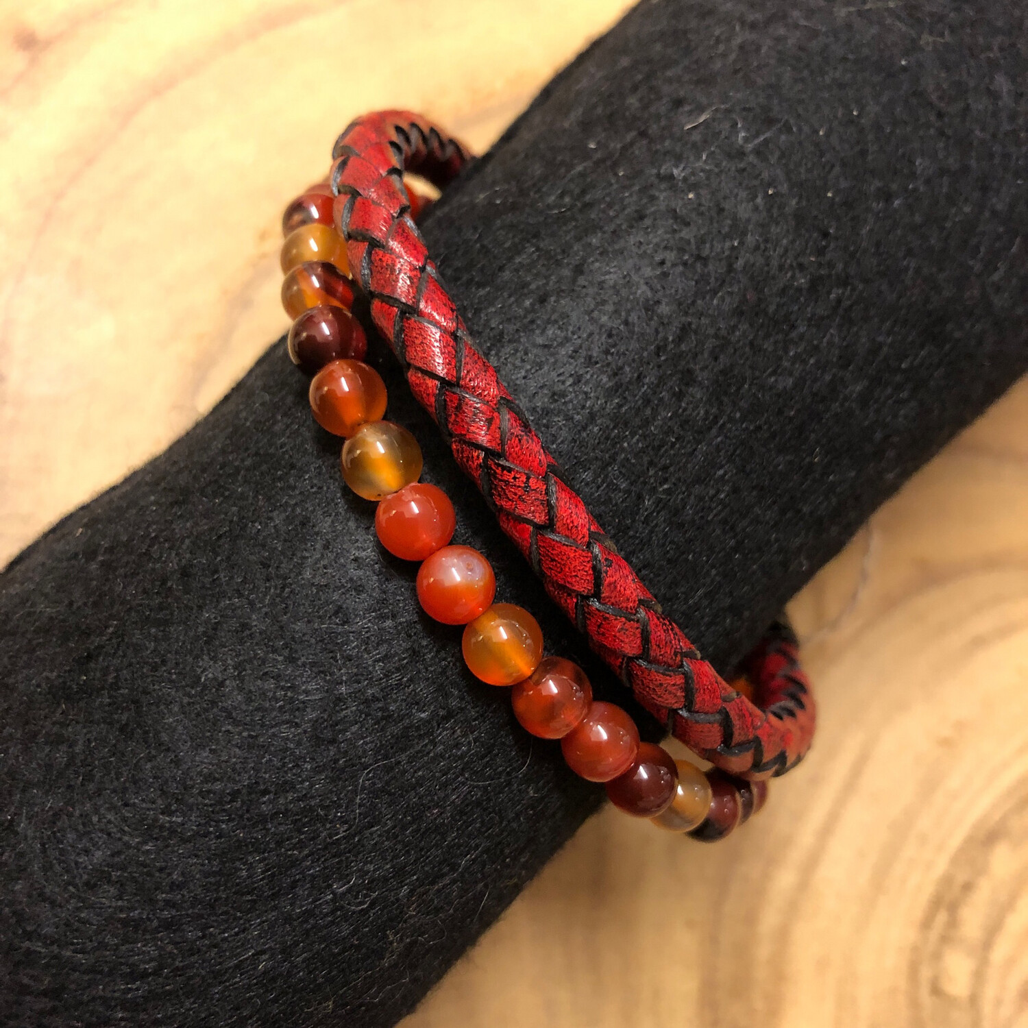 Men&#39;s Red Leather &amp; Stone Bracelet